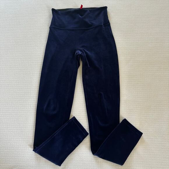 Spanx Womens Rich Navy Velvet Leggings Velour Holiday Party Stretch Size Medium - Picture 1 of 9